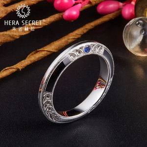 朱诺赫拉18K白金仿真钻戒侧面镶蓝宝石男首饰尾戒指定制复古奢华