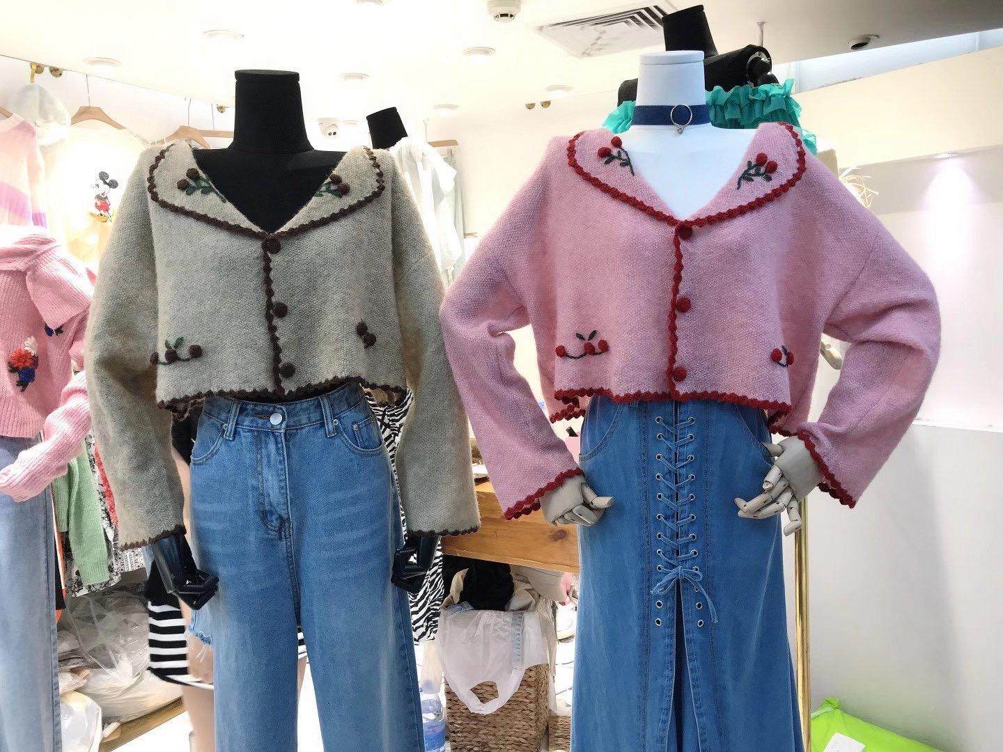 坎蒂樱桃刺绣甜美毛衣女翻领开衫 坎蒂服饰毛衣