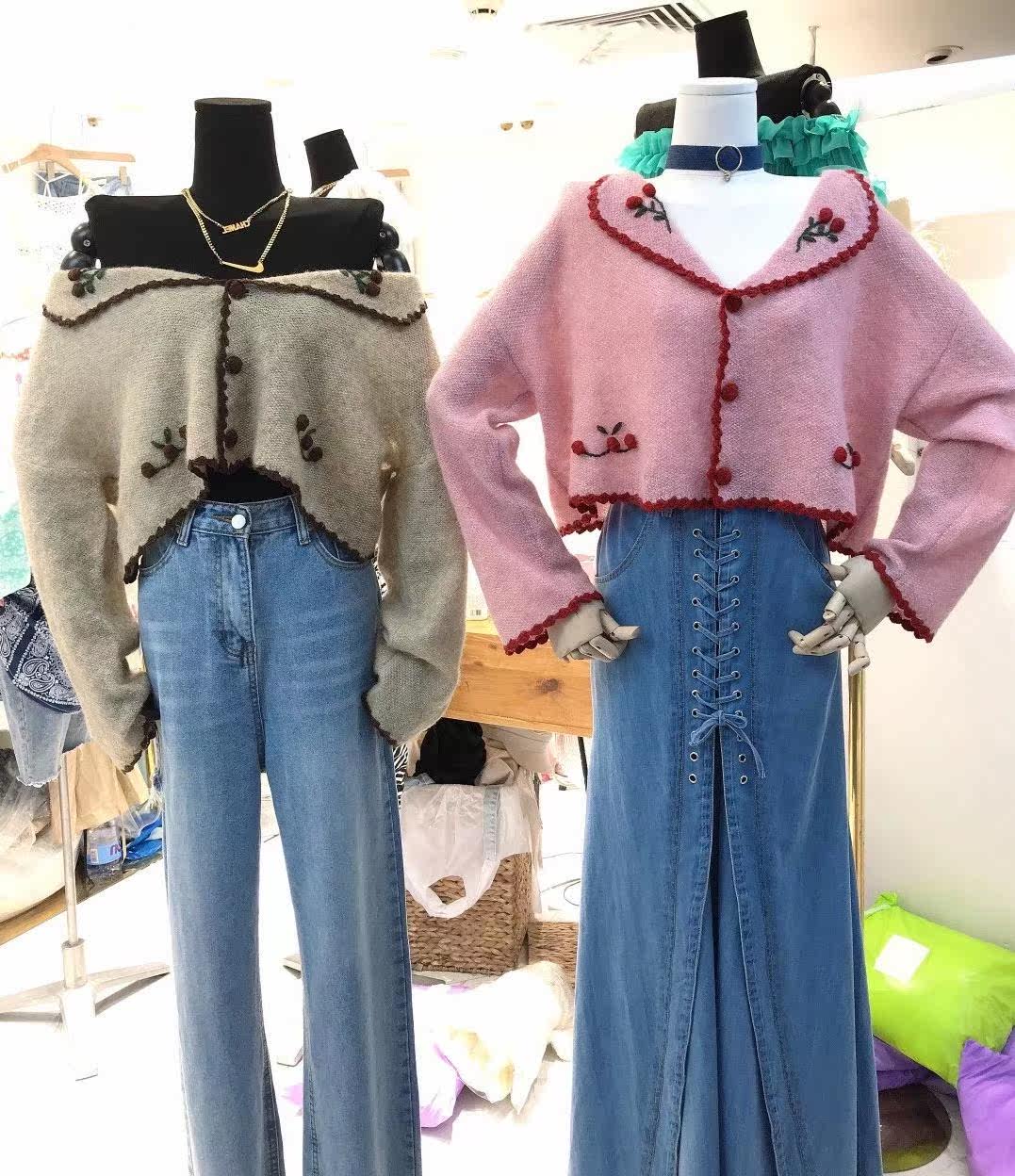 坎蒂樱桃刺绣甜美毛衣女翻领开衫 坎蒂服饰毛衣