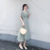 2019 phụ nữ mới mùa hè thon dài eo cao váy xanh voan nữ tay ngắn váy v-cổ dài - váy đầm