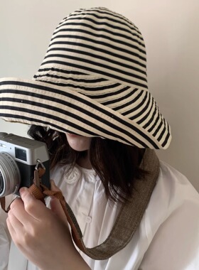 高版本～可随意凹造型翻折日系UV防晒帽子女夏季条纹大沿渔夫帽子