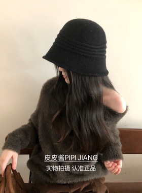羊毛针织宽檐遮脸渔夫帽女秋冬
