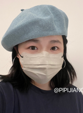 大头蓝色100%亚麻贝雷帽