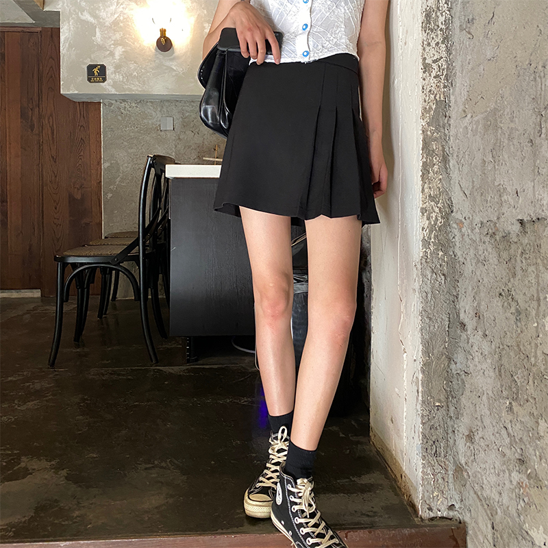 两颗虎牙春夏高腰显瘦百褶裙女半身裙子韩版防走光学院风a字百搭复古短裙1