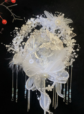 新娘团扇重工手捧花材料包diy结婚银色喜扇仙气出嫁白纱高级中式