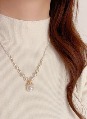 欧美镶钻锆石皇冠玻璃珍珠项链轻奢高端小众级设计感精致锁骨颈链