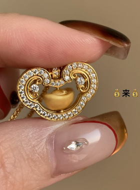 新中式vintage复古镶嵌满钻锆石如意拉丝旋转元宝项链轻奢锁骨颈