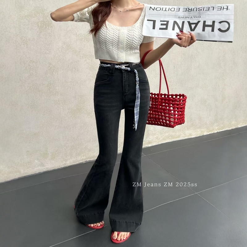 ZM正品高腰链条腰带喇叭牛仔裤女欧洲站2025春夏新款时尚水洗长裤 - 图0