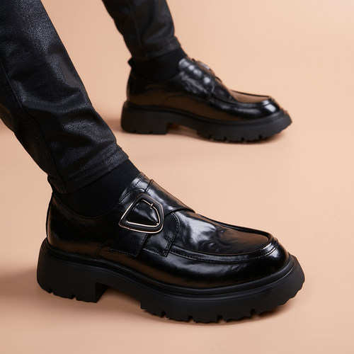 皮鞋男士潮流商务休闲厚底增高棕色豆豆鞋百搭套脚德比正装男单鞋 - 图2