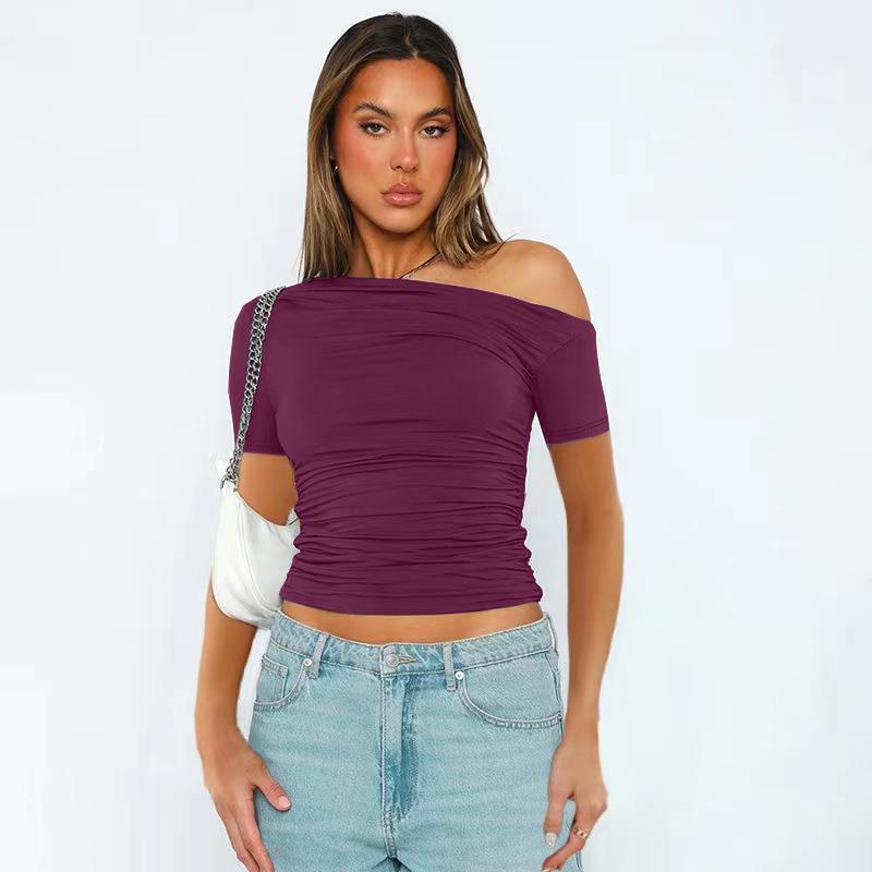 women for T-shirt top button belly gathered sleeves short - 图2