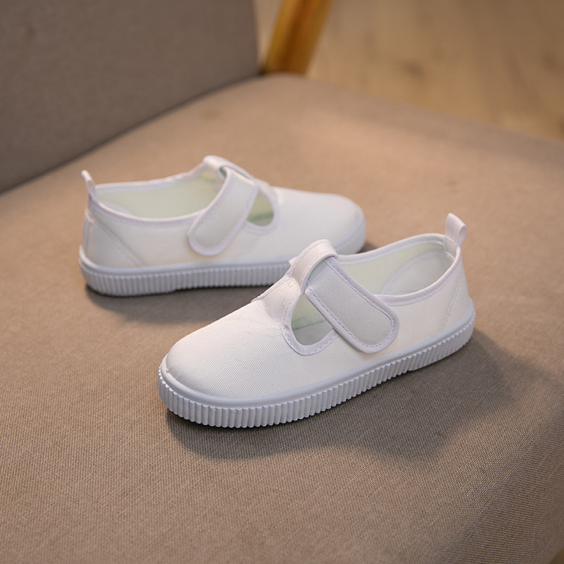 儿童小白鞋女童学生纯帆布鞋童鞋幼儿园白布鞋男童绑带软底白球鞋