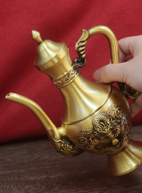 黄铜百福大号双龙酒壶家居供奉装饰品内轻奢铜器百福酒壶摆件