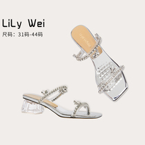 Lily Wei (greyglazed) lined with silver sandals summer new water drill crystal high heel shoe 100 lap