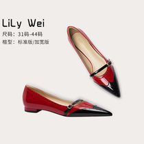 Lily Wei Retro Red Pointed Korean Version Flat Bottom Shoes Fashion Collage Single Shoe Commute Low Heel Shoes Big size 41-43