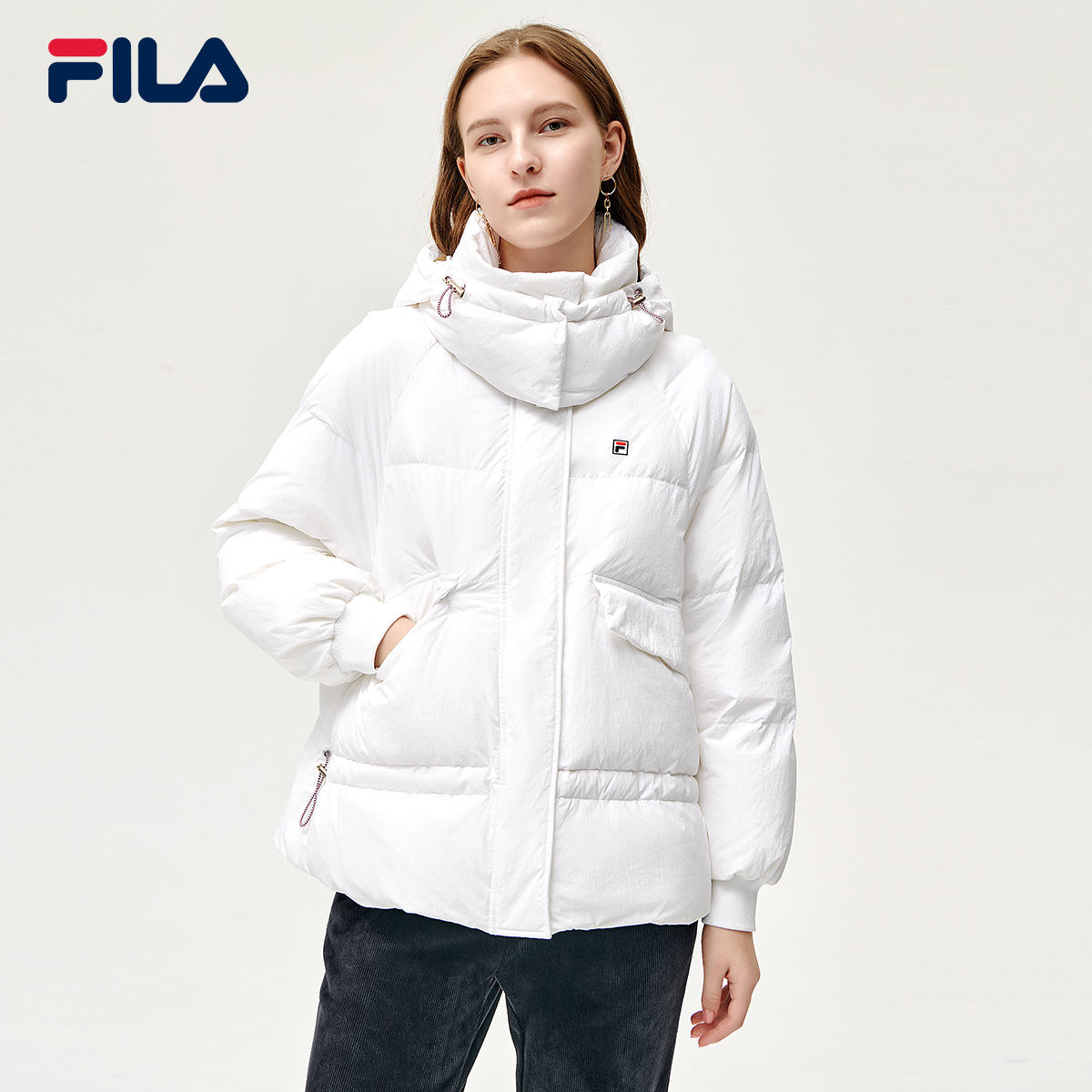 FILAFila女士运动羽绒服冬季新款短款保暖连帽运动外套高圆圆同款 - 图1