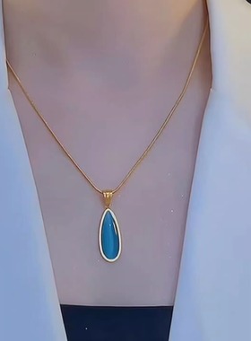 钛钢时尚蓝色海洋之心吊坠项链女