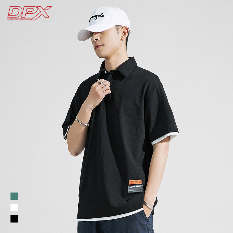 dpxworkshop旗舰店夏季新款纯棉百搭休闲polo衫短袖衬衫男潮日系复古宽松T恤五分袖0