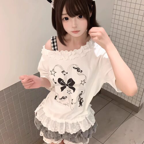 星月豚骨“四叶草黑猫”原创印花斜肩花边甜美上衣白色短袖女春夏 - 图2