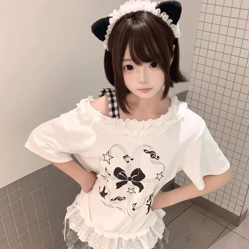 星月豚骨“四叶草黑猫”原创印花斜肩花边甜美上衣白色短袖女春夏 - 图0