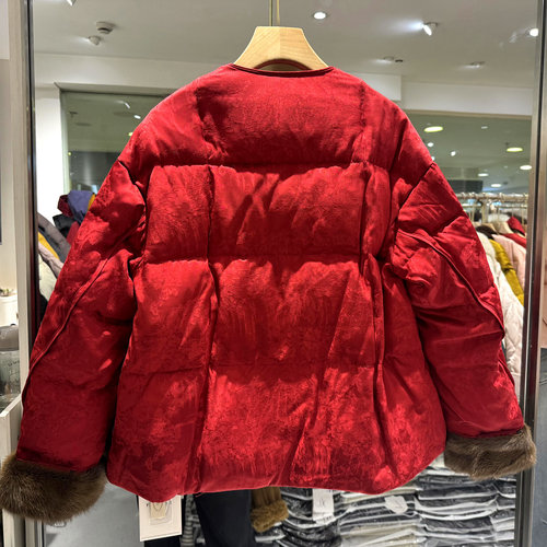 凡爱8623 双排花朵扣人丝提花水貂毛袖口国风轻奢圆领短羽绒服冬 - 图0