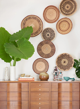 视觉味道手工复古木刻部落面具人墙饰装饰摆件编织篮收纳果盘壁饰