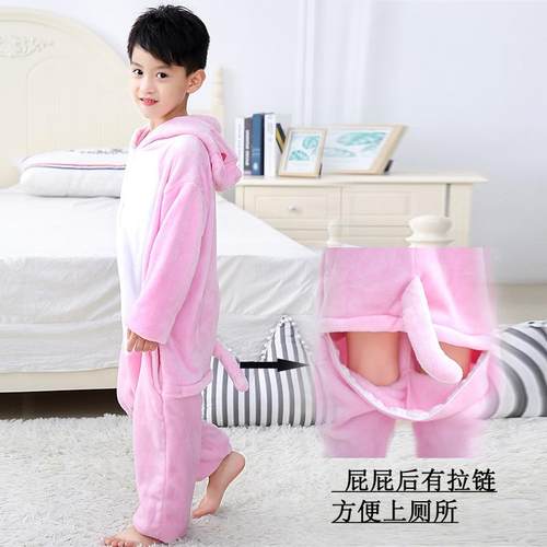 粉猪儿童卡通连体睡衣动物可爱女童法兰绒男孩冬季宝宝衣服中大童 - 图2