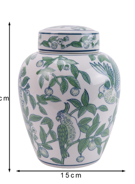 景德镇陶瓷绿色鹦鹉花鸟将军罐带盖储物罐玄关客厅餐厅装饰摆件