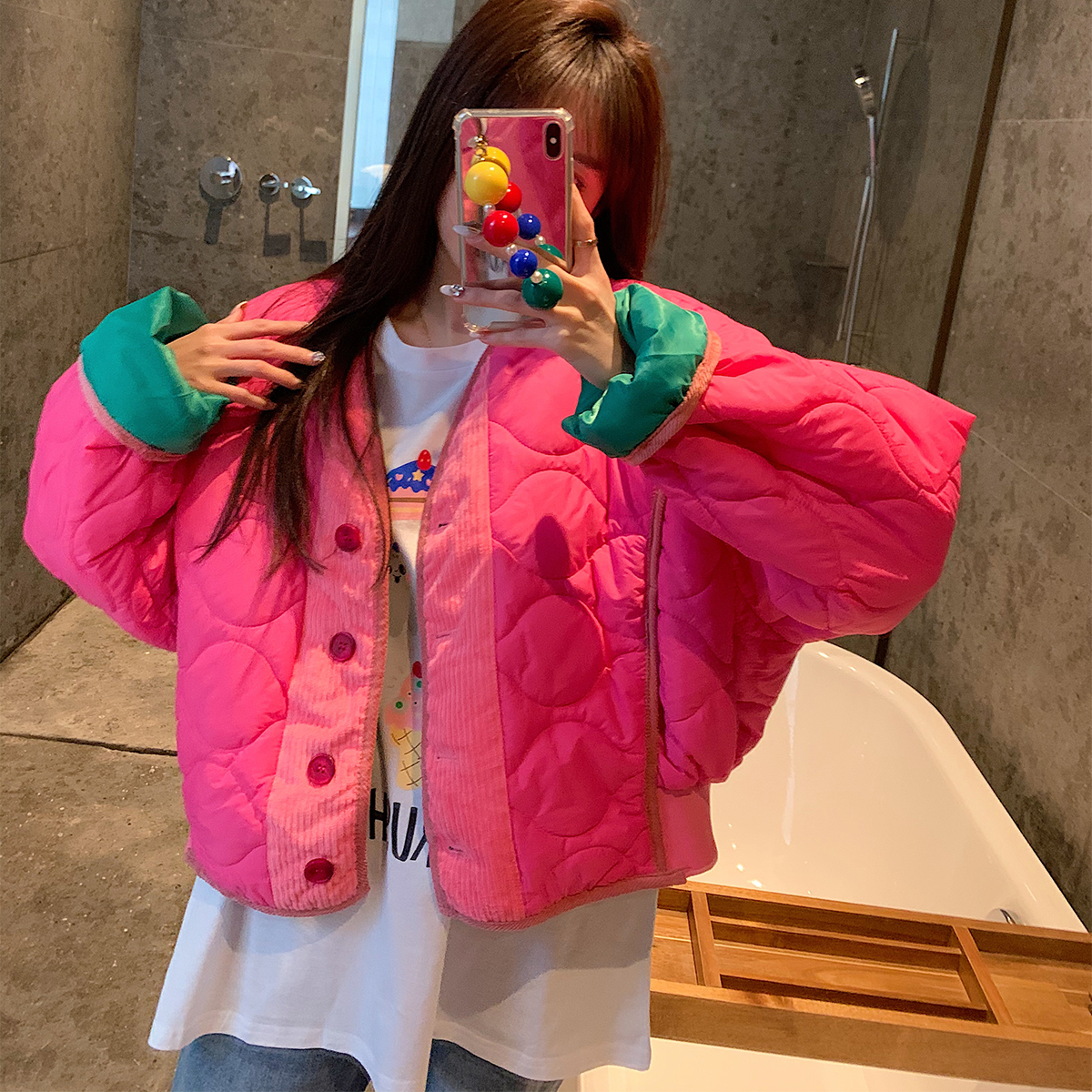 Pinkdaisy韩国东大门短款棉衣春季撞色百搭高级感玫粉色棉服外套