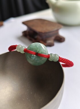 天然翡翠A货平安扣飘花蓝绿胖扣手链工编织男女款新复古简约饱满