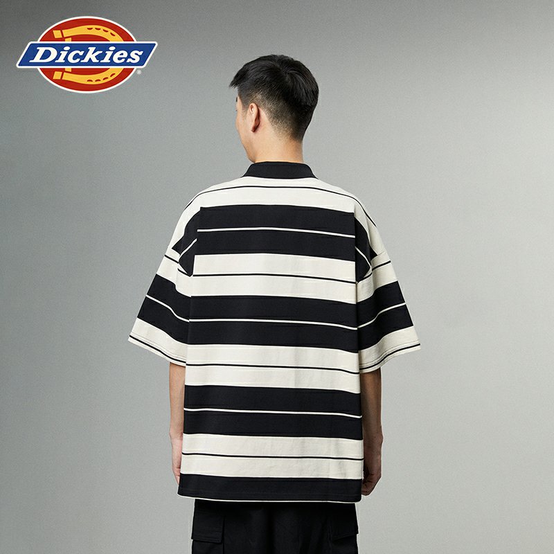 Dickies24春夏新款重磅棉廓形条纹翻领复古运动Polo衫男女情侣 - 图1