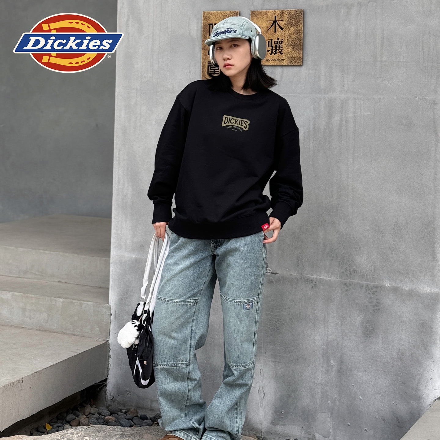 Dickies25秋冬新款 德州灵感印花圆领运动风卫衣宽松毛圈内里男女