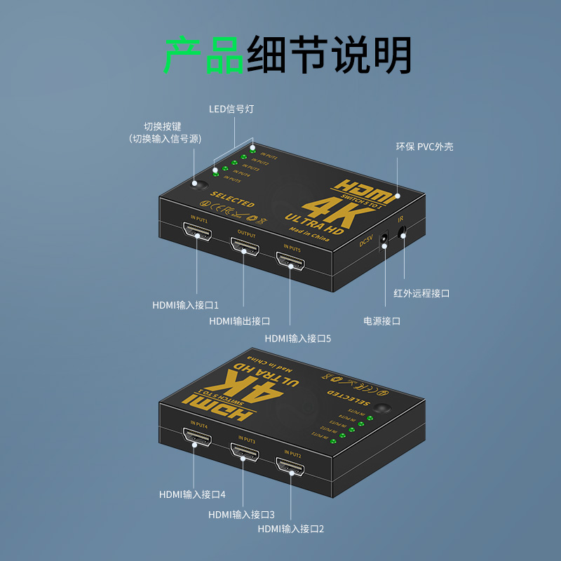 浮太hdmi切换器三进一出4K3D高清五进一出分屏器电脑机顶盒PS4接电视投影切换3/5显示屏幕画面分频带遥控器-图2