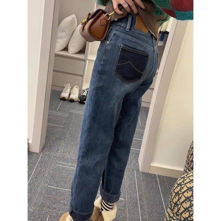 小众加绒加厚九分蓝色牛仔裤女2024年冬季新款高腰显瘦直筒哈伦裤,淘宝优惠券,粉丝福利购,淘宝优惠卷