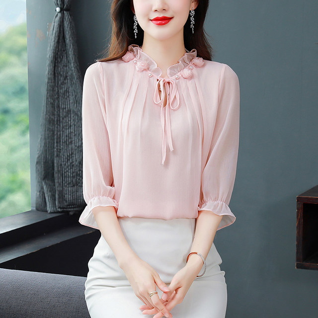 ເສື້ອຢືດ chiffon lace-up ສໍາລັບແມ່ຍິງ, tops ຄົນອັບເດດ: ກາງແຂນພາກຮຽນ spring