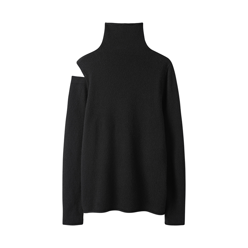优雅~单侧露肩高领羊绒衫女纯羊绒毛衣针织打底衫秋冬新款 - 图2