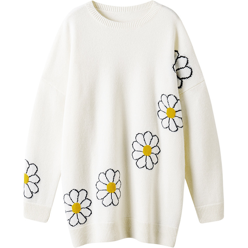 适度的耀眼！廓形小花羊绒衫女中长款加厚纯羊绒毛衣圆领宽松慵懒,淘宝优惠券,粉丝福利购,淘宝优惠卷