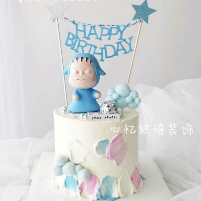 儿童蛋糕装饰摇头娃娃摆件粉色蓝色可爱卡通公仔宝贝周岁生日蛋糕 - 图0