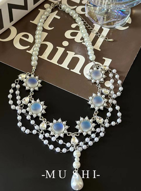 法式月光石不规则多层珍珠项链