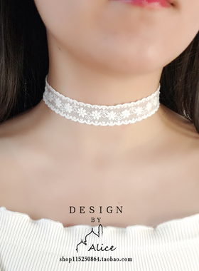 alice白色花朵蕾丝女绑带锁骨链