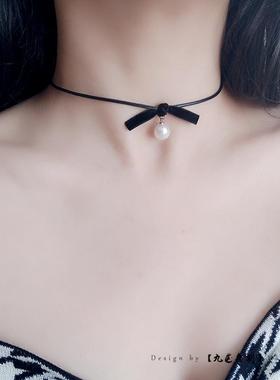 九尾自制黑色丝绒蝴蝶结珍珠项链