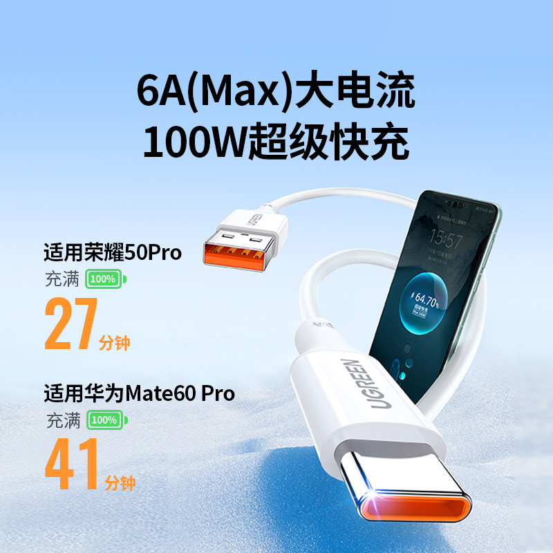 绿联type-c数据线6a充电器宝线适用华为荣耀小米安卓66w手机usb转typc短车载加长tapyc超级快充tpyec线mate70