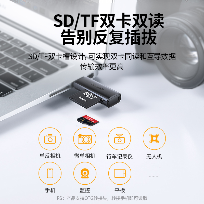 绿联读卡器相机sd卡tf卡二合一万能usb3.0高速读取转换器行车记录仪内存储存卡手机电脑单反相机微单照片通用