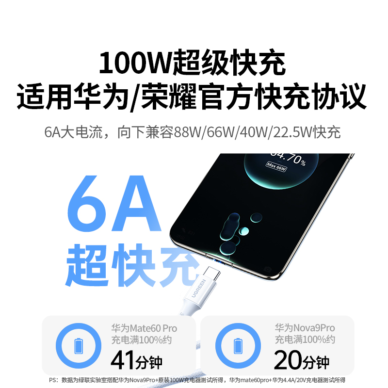 绿联type-c数据线6a适用华为荣耀小米Mate70安卓手机66w编织tapyc转usb双头车载5a速闪充电器tpyec超级快充线 - 图0