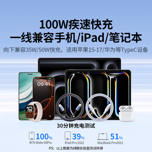 绿联适用苹果17充电线iPhone16ProMax充电器线15双头typec数据线ipad平板手机tpyec华为车载pd100w快充ctoc口 - 图3