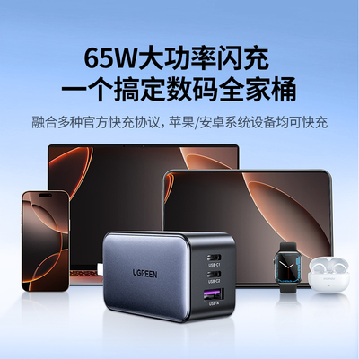 【绿联】65W三口2C1A氮化镓充电头