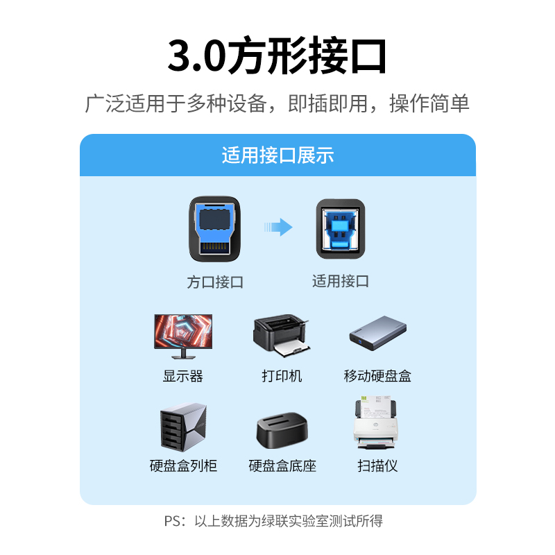 绿联usb3.0打印机数据线转方口接电脑显示器连接加长上行线硬盘盒 - 图0