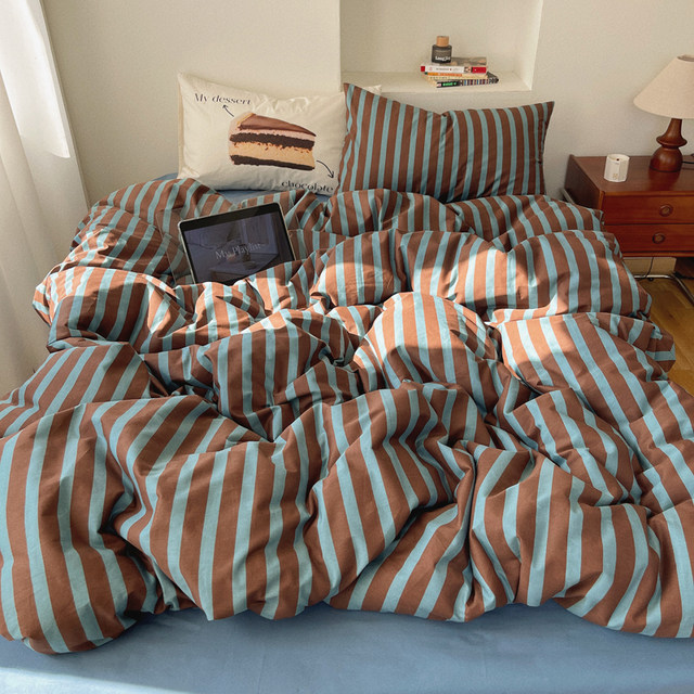 Li Meng Simple Blue Coffee Striped Pure Cotton Four-Piece Set Full Cotton Bed Sheet Bedding Single Door Bedding