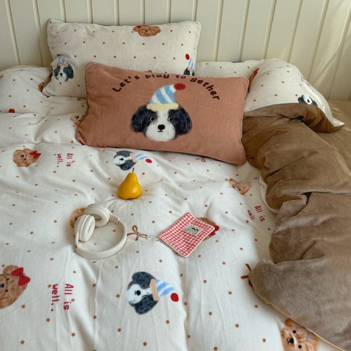 梨梦 小狗派对 ins秋冬牛奶绒四件套保暖珊瑚绒床单被套床上用品 - 图3