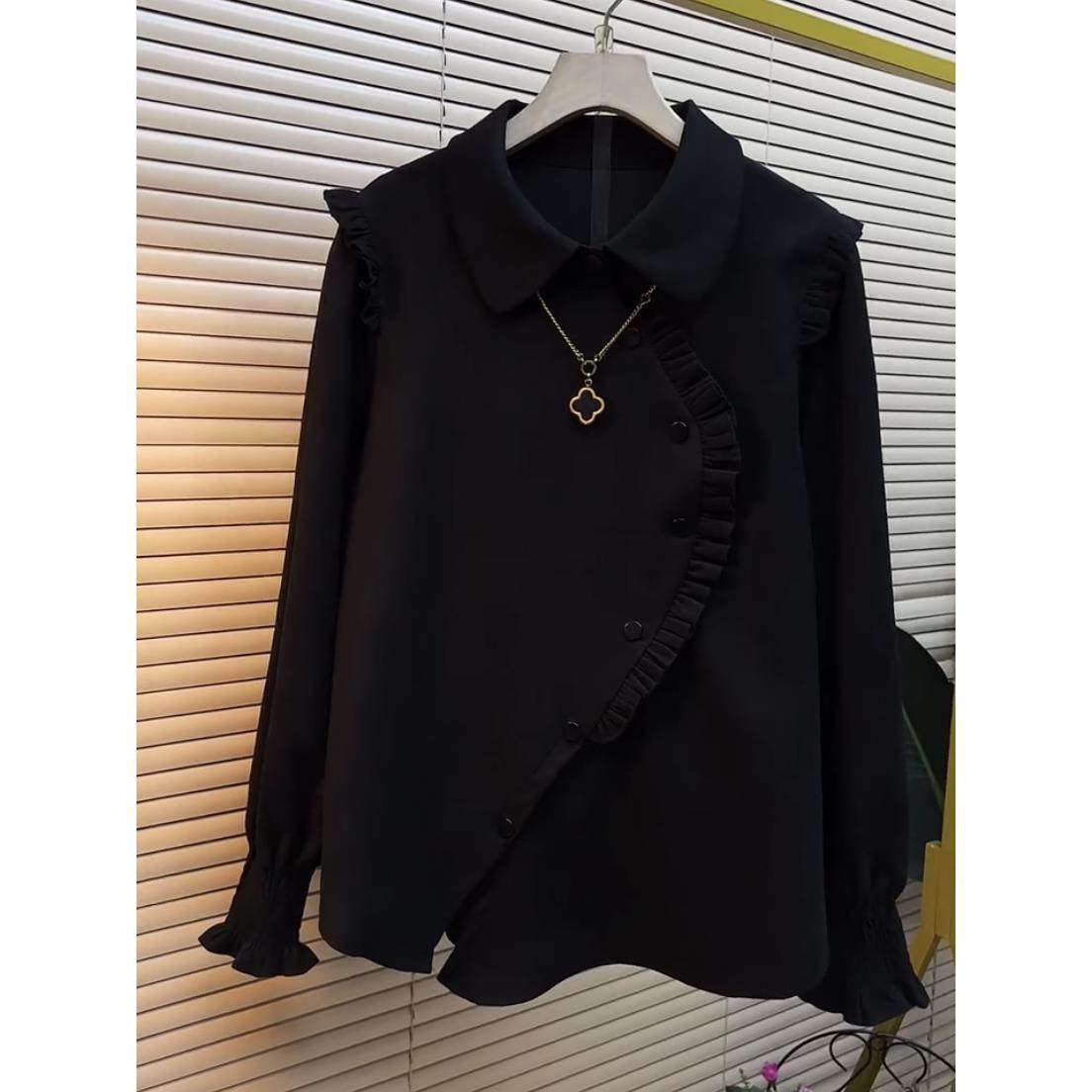 大码女装2025秋冬新款木耳边上衣女黑色显瘦胖mm胖妹妹内搭长袖,淘宝优惠券,粉丝福利购,淘宝优惠卷