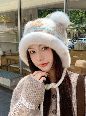 新款毛线帽子女秋冬季百搭大头围保暖针织帽显脸小护耳加绒雷锋帽